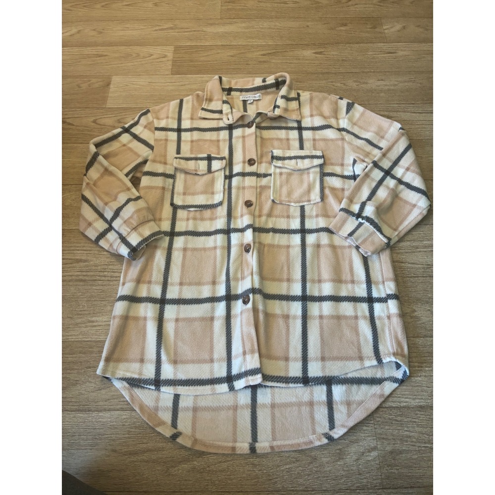 Inner Circle Tan Plaid Fleece Shacket Womens Large Button Up High Low Jacket
